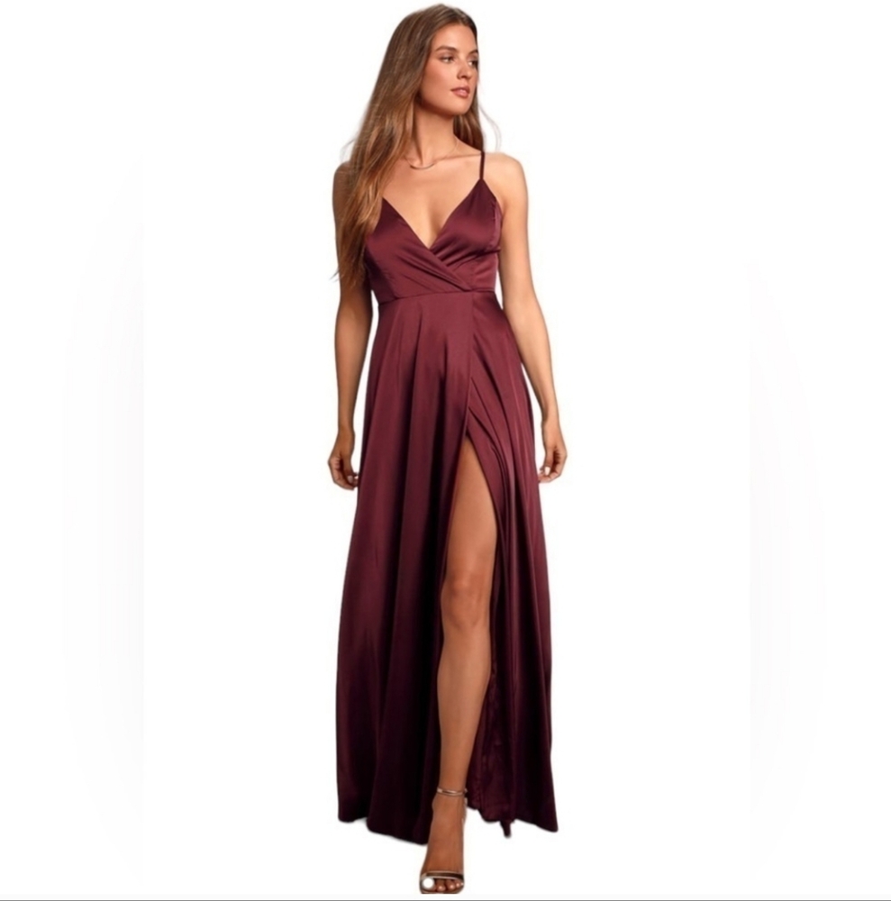 Lulu's Satin burgundy wine full length gown